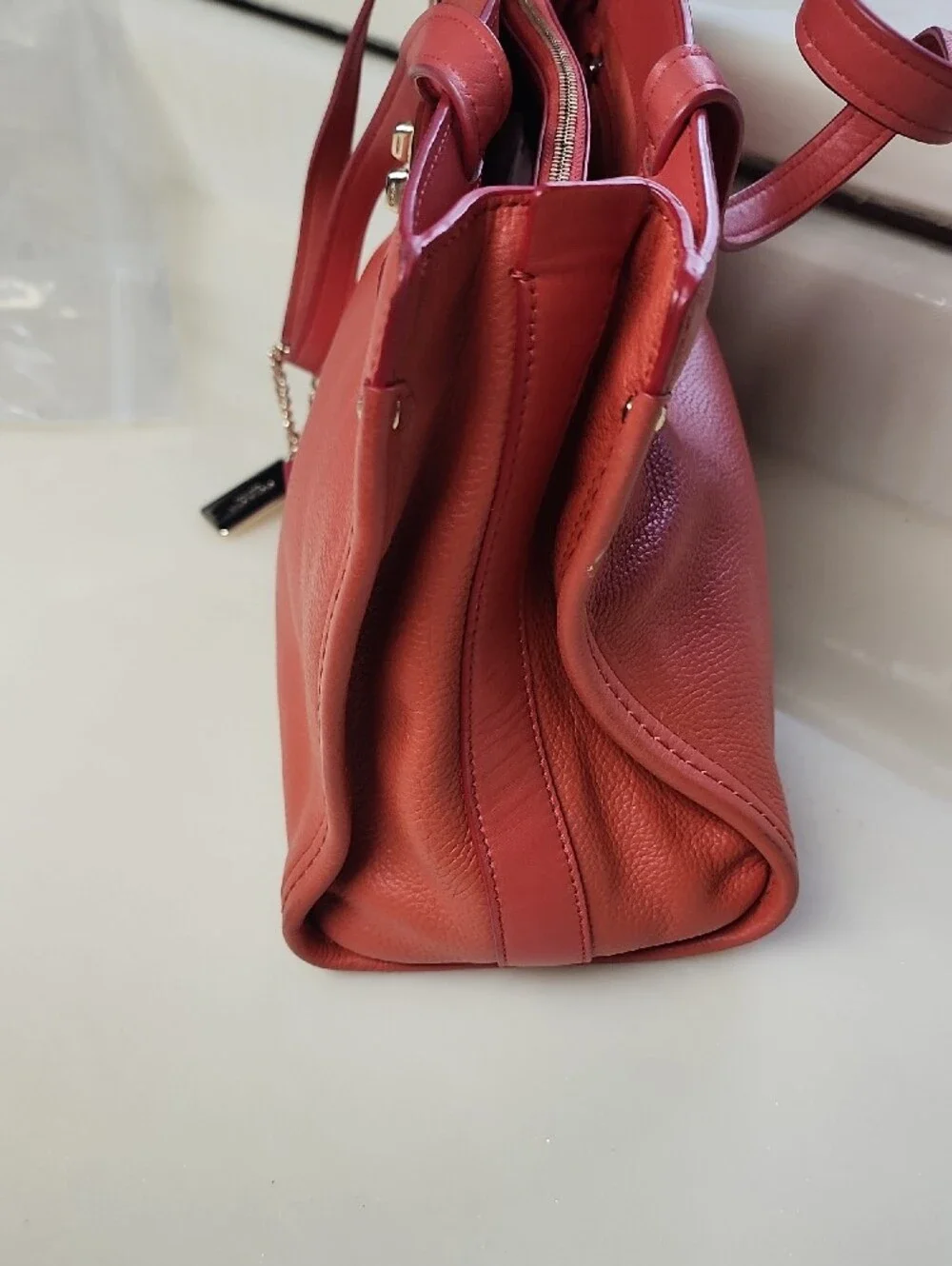 Coach Coral Red Pebbled Leather Tote with Gold Hardware